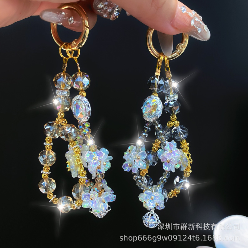重工nv琉璃花水晶串珠diy挂件 爆闪宝石双链可拆挂饰手机包包挂链|undefined