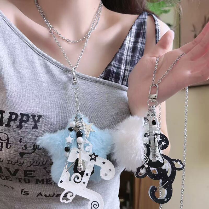 Y2K Yabi Rock Guitar Star Plush Pendant Musical Note Long Chain Necklace Women's Niche Design Sweater Chain Trendy