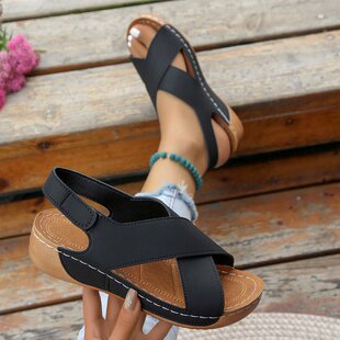 Foreign Trade plus size Wedge Solid Color Casual Velcro Sandals Women's New European and American Style Breathable Beach Fish-mouth Shoes Cross-border