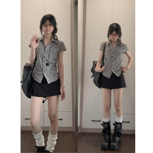 MR【Original Plaid】Korean Retro Plaid High-Waisted Shirt for Women - Summer Design-Focused Fitted Short-Sleeve Blouse