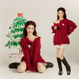 影楼秋冬新款新年圣诞写真主题服装红色毛衣个性女孩艺术照摄影服