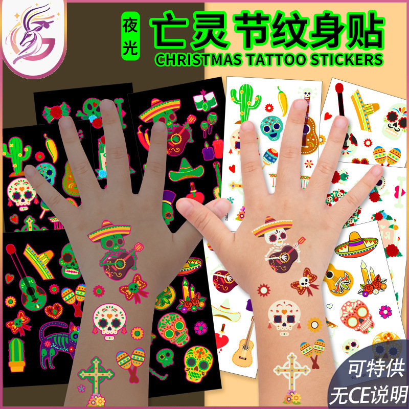 Day of the dead luminous tattoo stickers waterproof cute children cartoon party day of the dead disposable temporary stickers Day of the dead luminous tattoo stickers waterproof cute children cartoon party day of the dead disposable temporary stickers