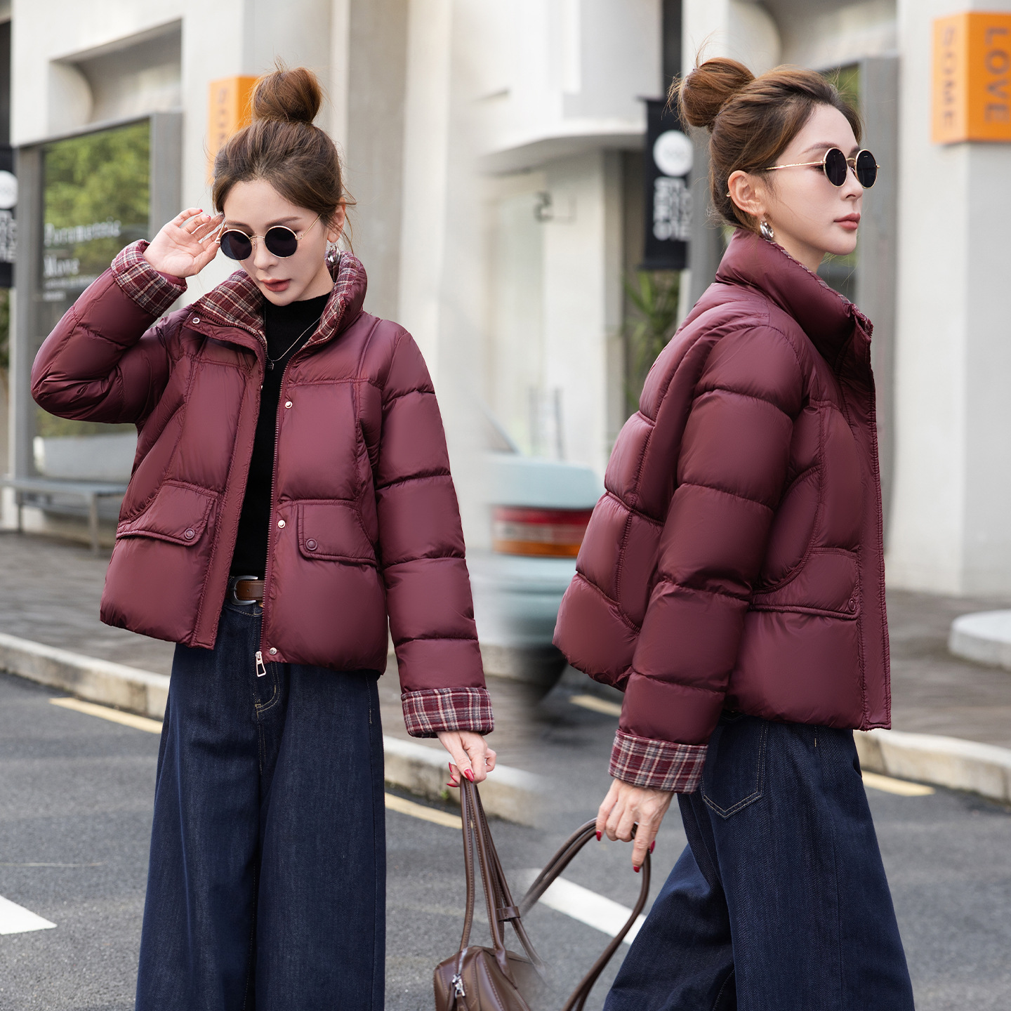 【外贸跨境】冬季新款女时尚立领领羽绒棉服设计感撞色格保暖棉衣