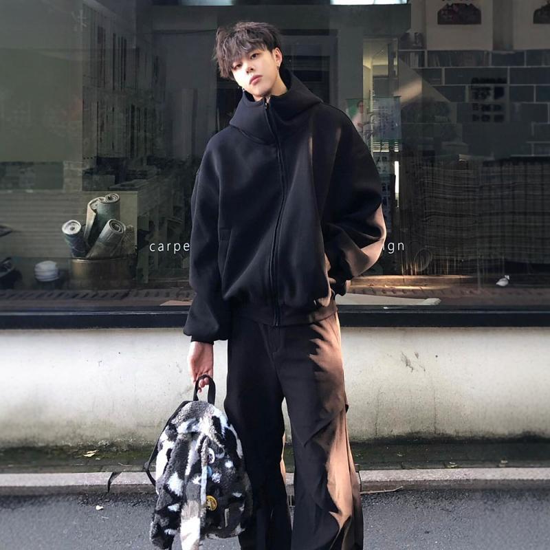 Sweater Cardigan Coat Men's Black High Collar Hooded Top Autumn and Winter American Heavy Hard Fashion Brand Jacket Coat