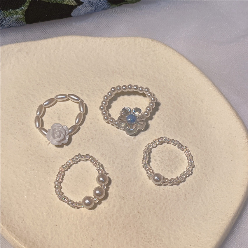 Korean Style New White Rose Flower Ring for Women Niche Design Rice Bead Pearl Index Finger Ring Cross-Border