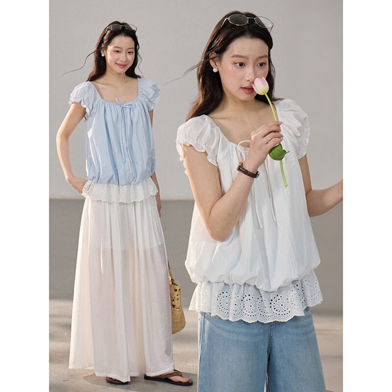 [Songming] French Embroidered Lace Short-Sleeved T-Shirt with a Stylish Design, Casual New Style Top for Women, Summer Bn285