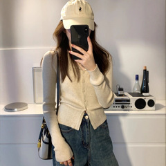 法式翻领长袖针织开衫女秋冬小众设计感修身打底衫短款Polo衫上衣