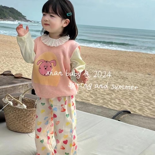 Girl's Spring Outfit 2024 New Cute Doll Shirt + Pink Vest + Heart Straight Pants Fashion Three-Piece Set