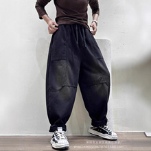 琪镌绘制加绒加厚牛仔裤女冬季新款宽松休闲复古灯笼裤棉裤85608