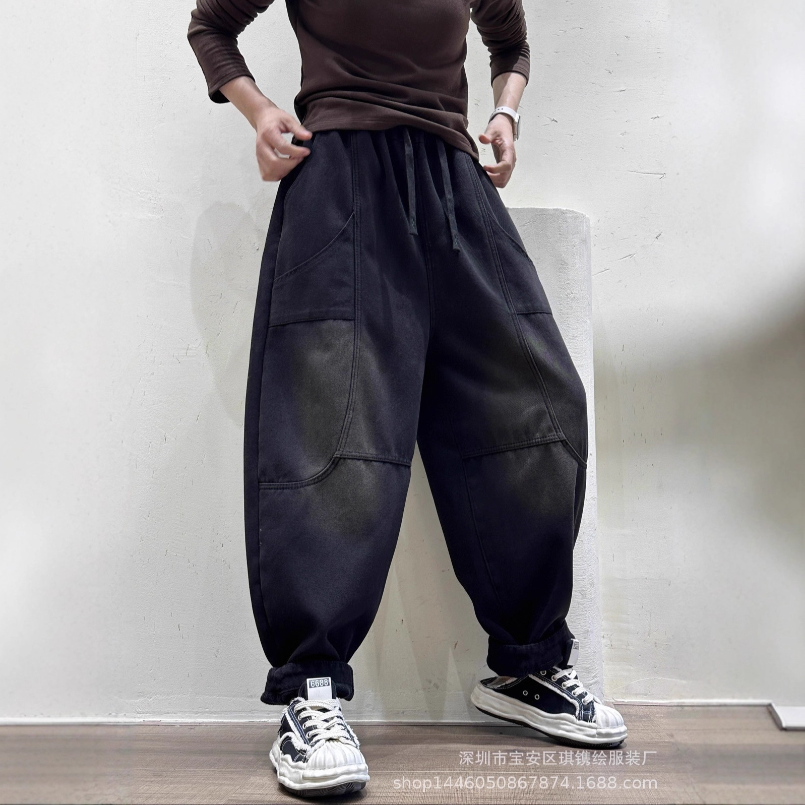 琪镌绘制加绒加厚牛仔裤女冬季新款宽松休闲复古灯笼裤棉裤85608