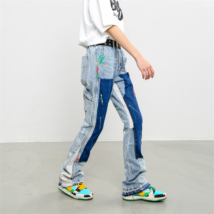 Herrenbekleidung High Street Washed Old Ink Splash Retro Functional Deconstructed Jeans Lose Gerade Freizeithose für Herren_voghion.com