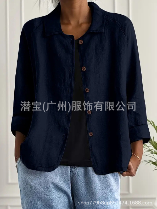 2025新款现货跨境外贸欧美女装纯棉上衣衬衣领休闲显瘦开衫外套女|undefined