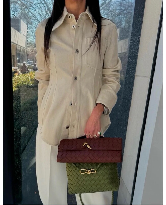 Bv High Version Understands the Goods and Enters 2025 Early Autumn Nanu Style Accessible Luxury Long-Sleeved Lapel Double Flap Pocket Pants Satin Shirt Top for Women