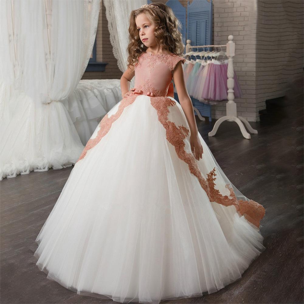 Vestido infantil largo transfronterizo de encaje bordado europeo y americano princesa arco vestido de boda vestido de cola de chicas vestido de noche