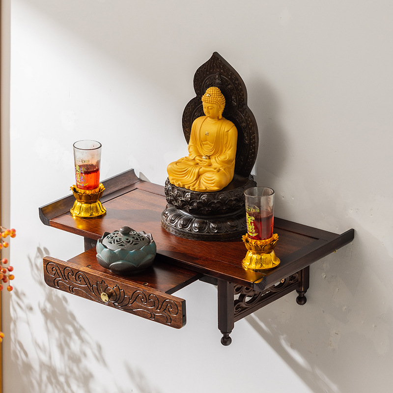 Wall-Mounted Solid Wood Altar for Home Use, Buddha Statue Offering Table, Guanyin Statue Offering Stand, Shrine