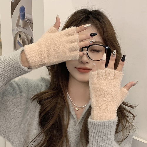 Warm and Cozy Half-Finger Knit Gloves for Women - Winter Fleece Touchscreen Compatible, Versatile for Office, Students, and Writing