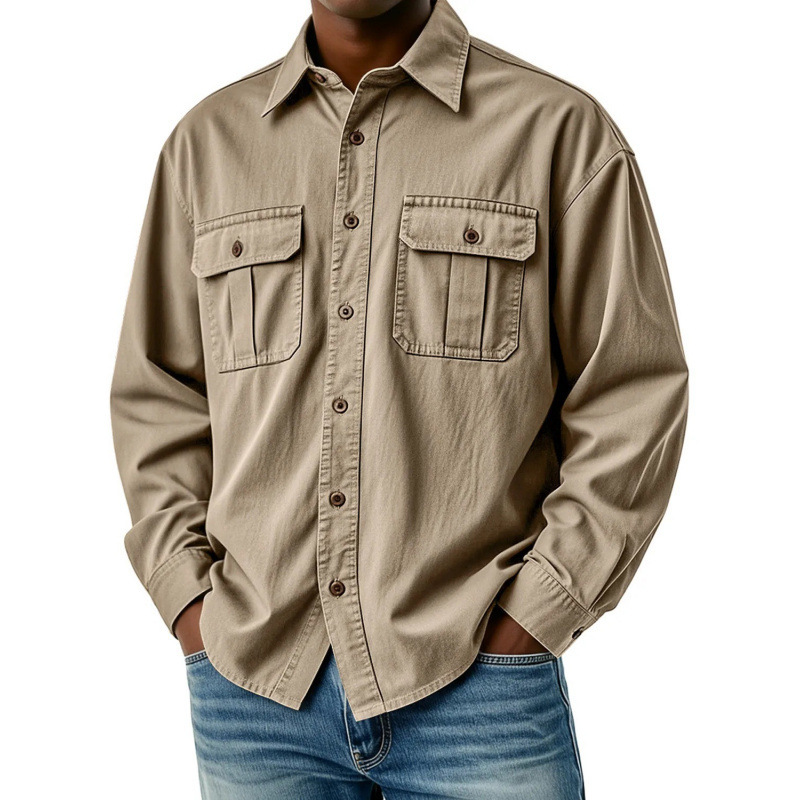 2026 New Men's Pocket Workwear Long-Sleeve Shirt, Loose Casual Turn-Down Collar, Printed Vintage Outdoor Versatile Men's Clothing
