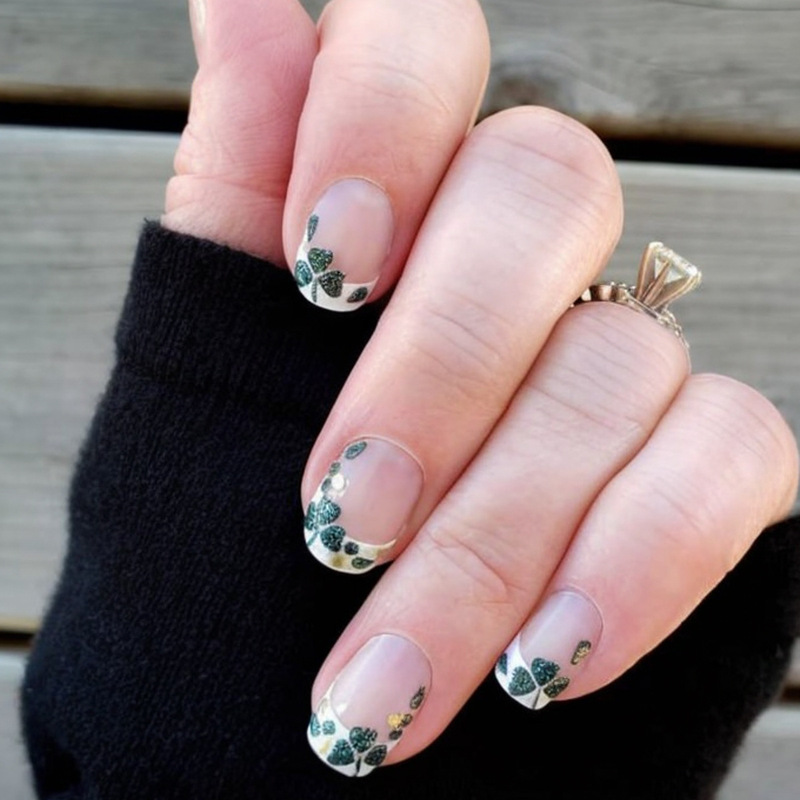 Simple Short Square White French-Style Spring Four-Leaf Clover Design St. Patrick's Day Wearable Nail Art Nail Pieces