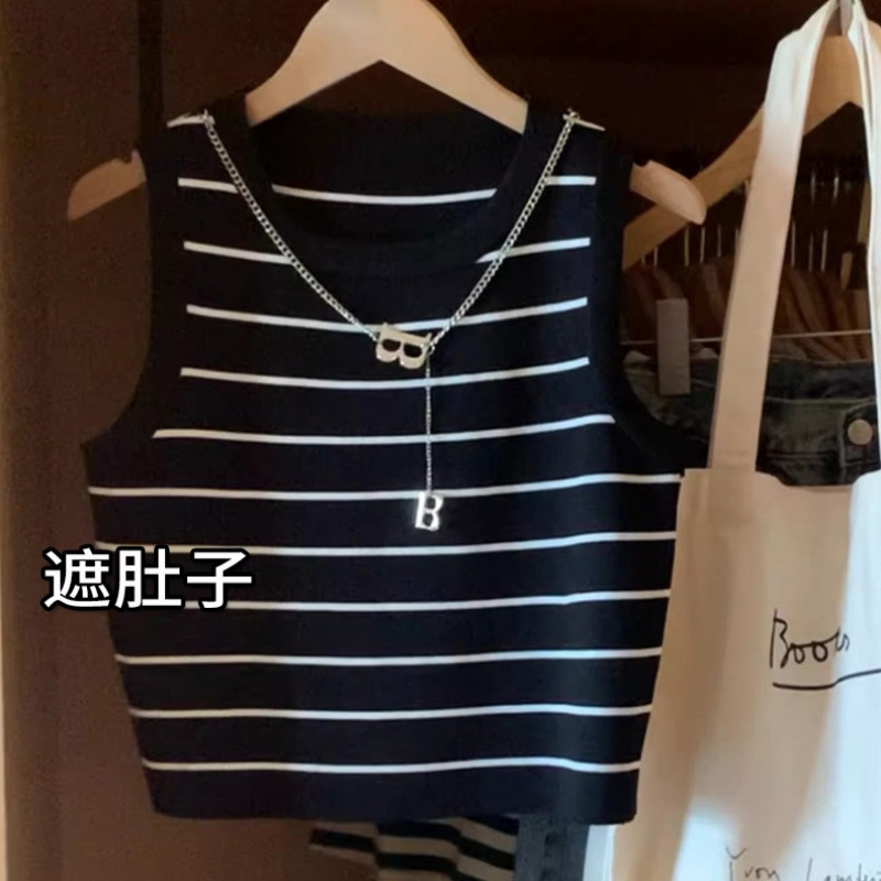 Ice Silk Striped Camisole Women's Knitted Short Summer Outer Wear Inner Design Sleeveless Top All-match Trendy