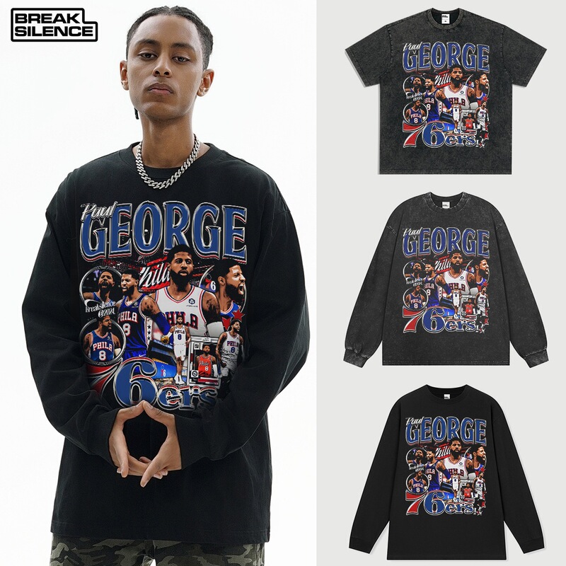 Paul George Paul George American-Style Printed Small-Neck Short-Sleeve T-Shirt for Men, Heavy-Duty Washed Paul George Paul George American-Style Printed Small-Neck Short-Sleeve T-Shirt for Men, Heavy-Duty Washed