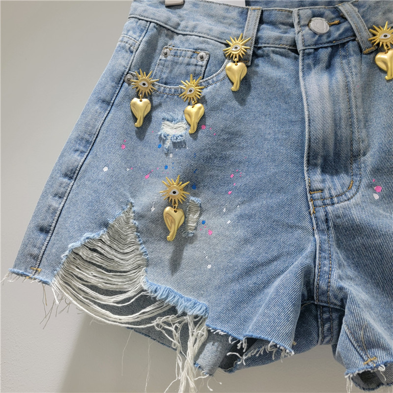 Shorts de Mezclilla con Adorno Metálico Mezclilla y Poliéster Tiro Alto Pierna Ancha para Verano