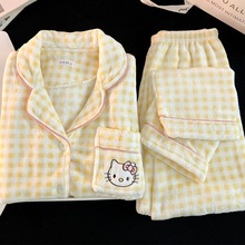 跨境现货日系奶黄格子大码睡衣女秋冬珊瑚绒加厚保暖刺绣KT猫套装