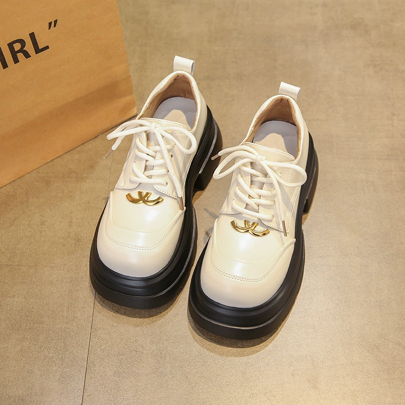 Белая обувь Lefu на толстой подошве женская весна 2025 новая обувь на шнуровке