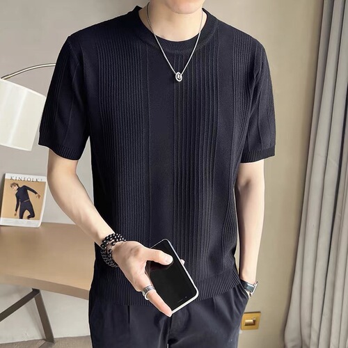 Summer new round collar and short-sleeved knitted shirt, men's ice silk, slim slim, business T-shirt, foreign trade, cross-border wholesale