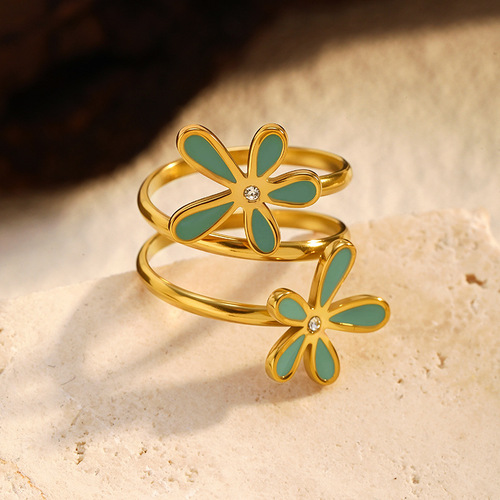 Vintage style European and American colorful oil-dripping flower stacking ring stainless steel plated 18K gold ring high-grade non-fading 