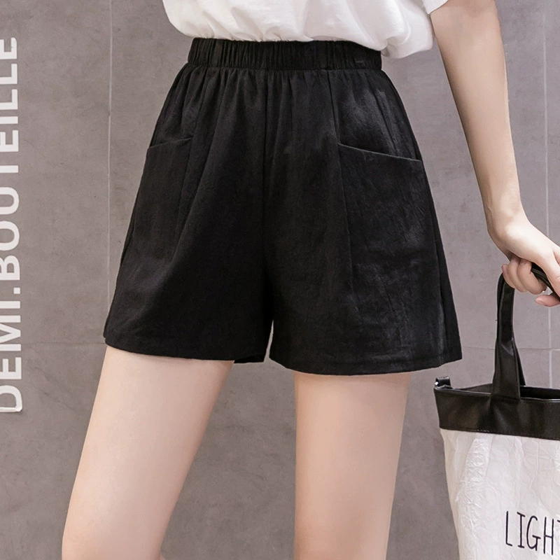Shorts women, cotton-linen beach shorts, oversize plus-size, elastic waist