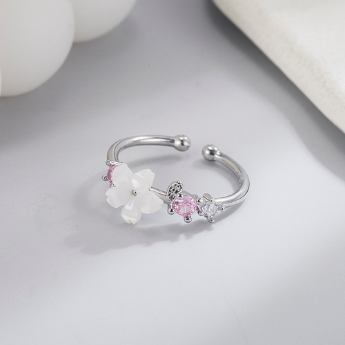 Shell cherry blossom temperament ring for women niche design small fresh diamond inlaid simple Korean version sweet forest style hipster fashion
