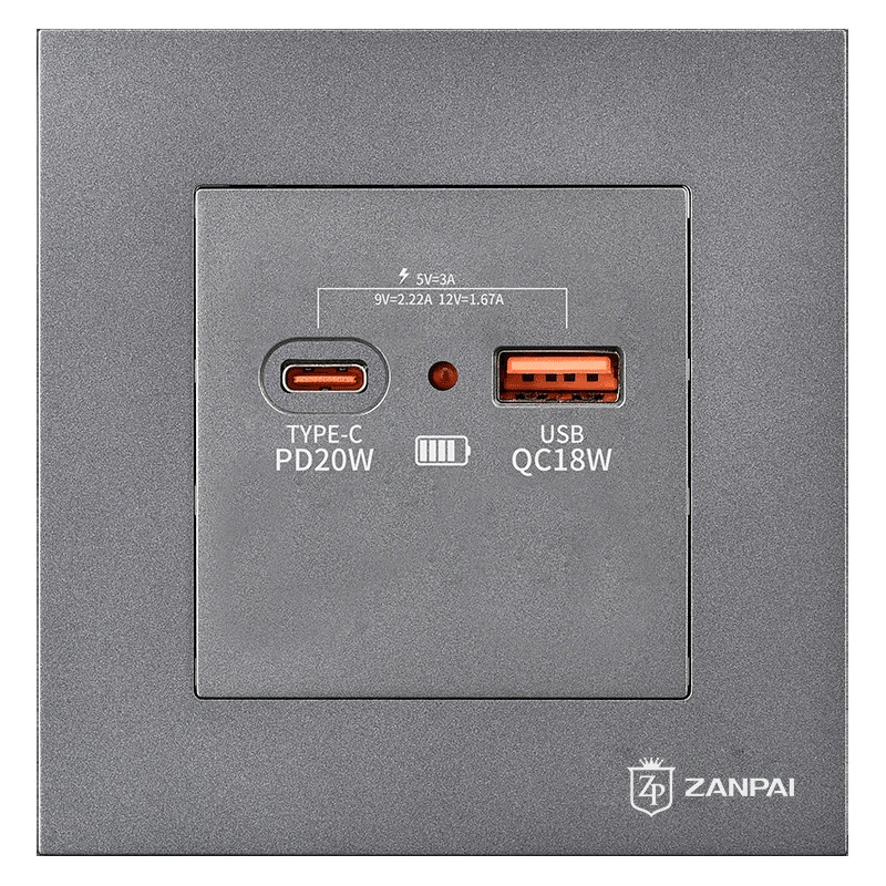 Zan бренд GaN 20W двухпозиционное быстрая зарядка USB разъем 86 скрытая серый TYPE-C панель разъема