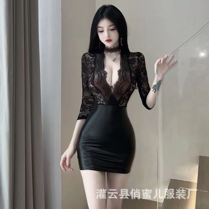 2023 새로운 도시 화이트 칼라 가방 암 유니폼 스커트 섹시한 여성의 비서 원피스 레이스 깊은 V-넥 잠자는 원피스 여성