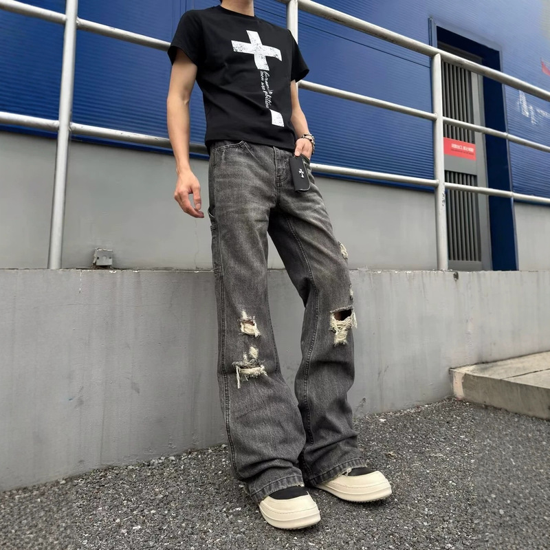 In-Stock Korean Gateless Han So-Hee Style Washed Distressed Whisker Designer Korean Straight-Leg Jeans for Women