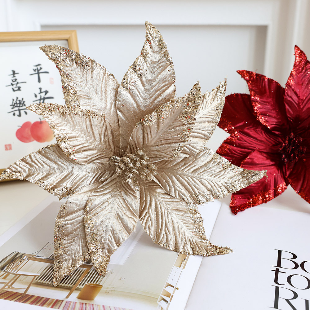 Flores y hojas artificiales con brillo para árbol o arreglos navideños, decoración elegante