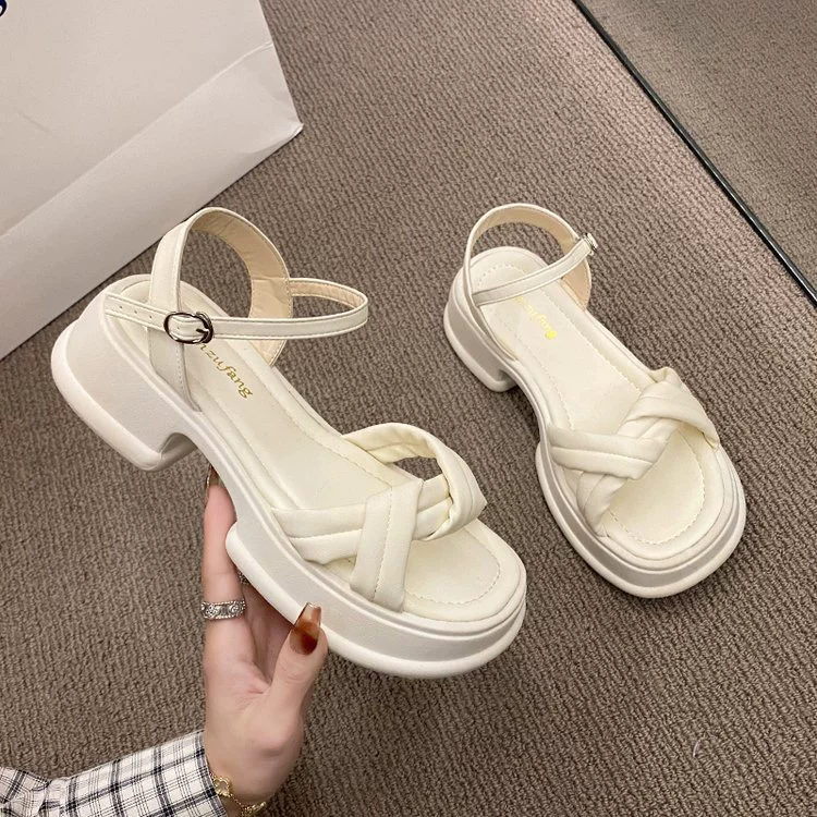 Женские пляжные сандалии Женские летние новые миниатюрные сандалии на массивном каблуке с перекрестным ремешком и толстой подошвой Римская женская обувь