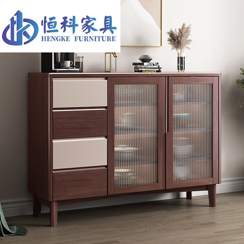 Nordic solid wood sideboard glass cabinet door storage cabinet wine cabinet tea cabinet restaurant rubber wood storage cabinet cupboard