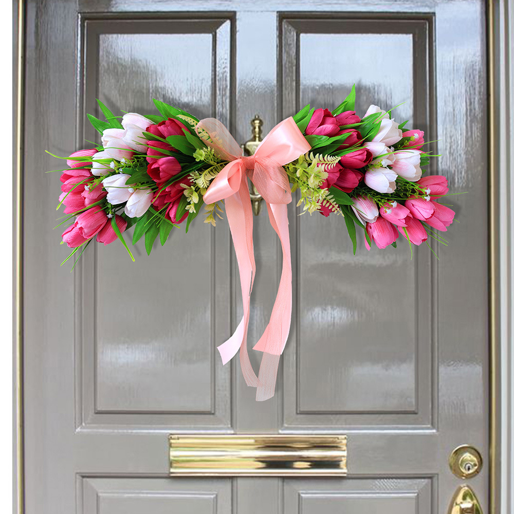 Tulipan transfronterizo puerta colgante flores de seda artificial flores verdes decoración de boda sensación colgante de pared