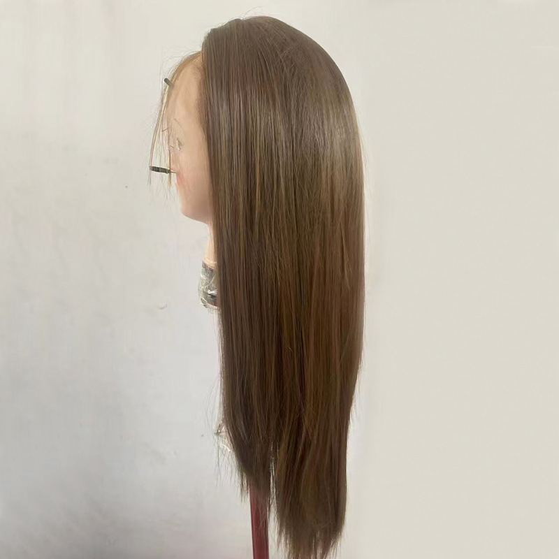 Japanese Silk 13X6 Smooth Brown Long Straight Hair High Temperature Silk Chemical Fiber Front Lace Wig Hand Hook Headgear One Piece Drop Shipping