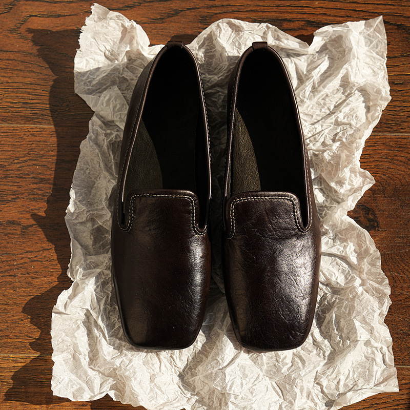 British Style Square-Toe Flat French Retro Washed New Casual Leather Shoes Penny Loafers Women's Fashion Shoes