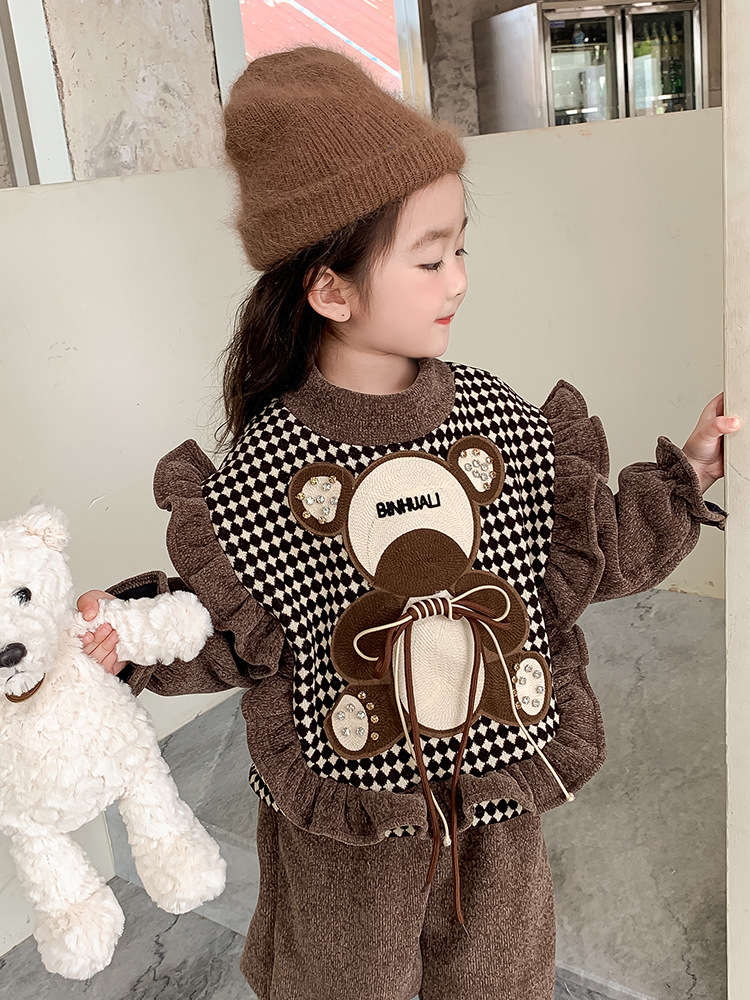 Girls plush hoodie for autumn and 2023 new children's trendy cartoon teddy bear winter two-piece set_voghion.com