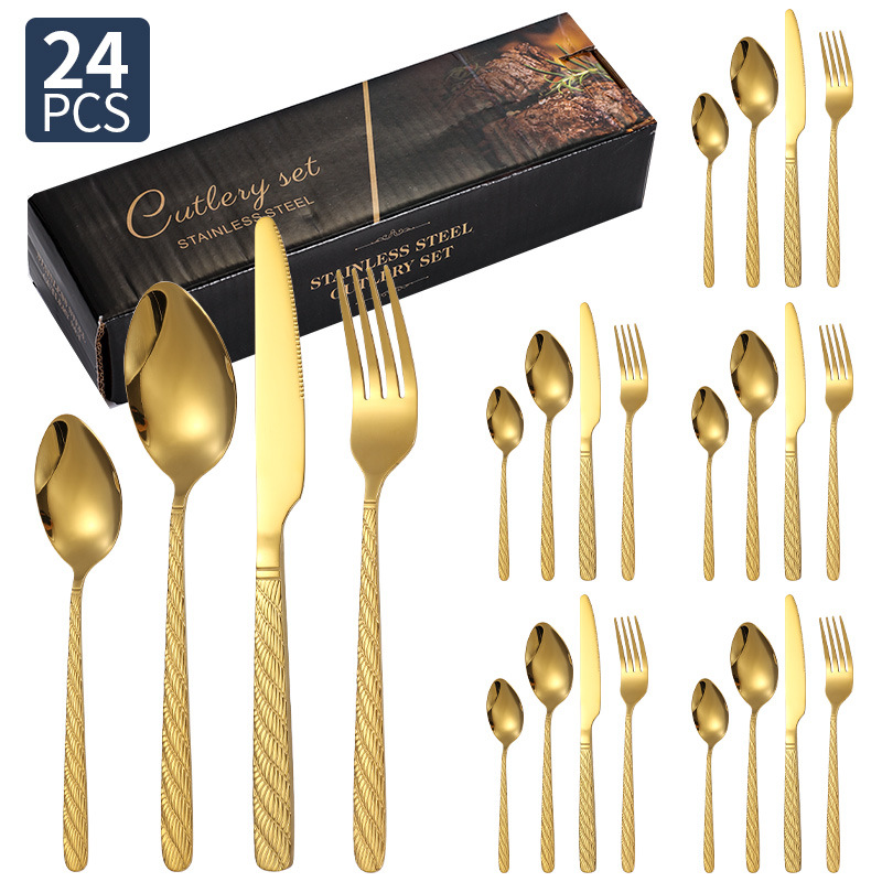 Vajilla de acero inoxidable de Amazon, bistec, cuchillo, tenedor, cuchara, cuerda de cáñamo, juego de 20/24/30 piezas, juego de cuchillo y tenedor de comida occidental de hotel