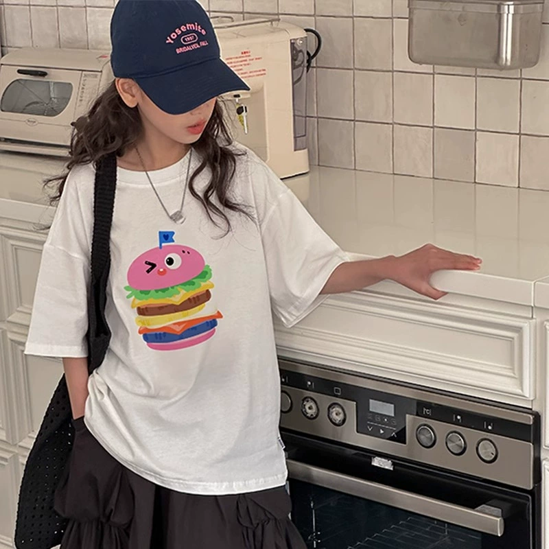 ] Вырез края] Летняя футболка с короткими рукавами для девочек из Южной Кореи, детская весенне-летняя нижняя рубашка, новая хлопковая свободная одежда для больших детей