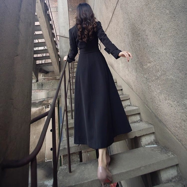 超长款过膝风衣女2025新款气质修身显瘦系带经典黑色春秋外套大码|undefined