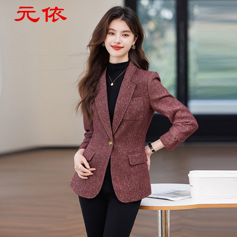 Spring and Autumn New Long-sleeved Red Woolen Suit Jacket Fashion Commuter Professional Slim-fit Simple Suit All-match Top