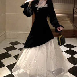 工厂 秋冬香奢茶花 赫本风网纱亮片气质蕾丝黑丝绒连衣裙生日礼服