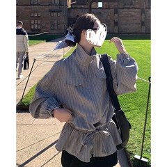 2025新款入秋小个子条纹立领长袖抽绳夹克外套女宽松显瘦拉链上衣