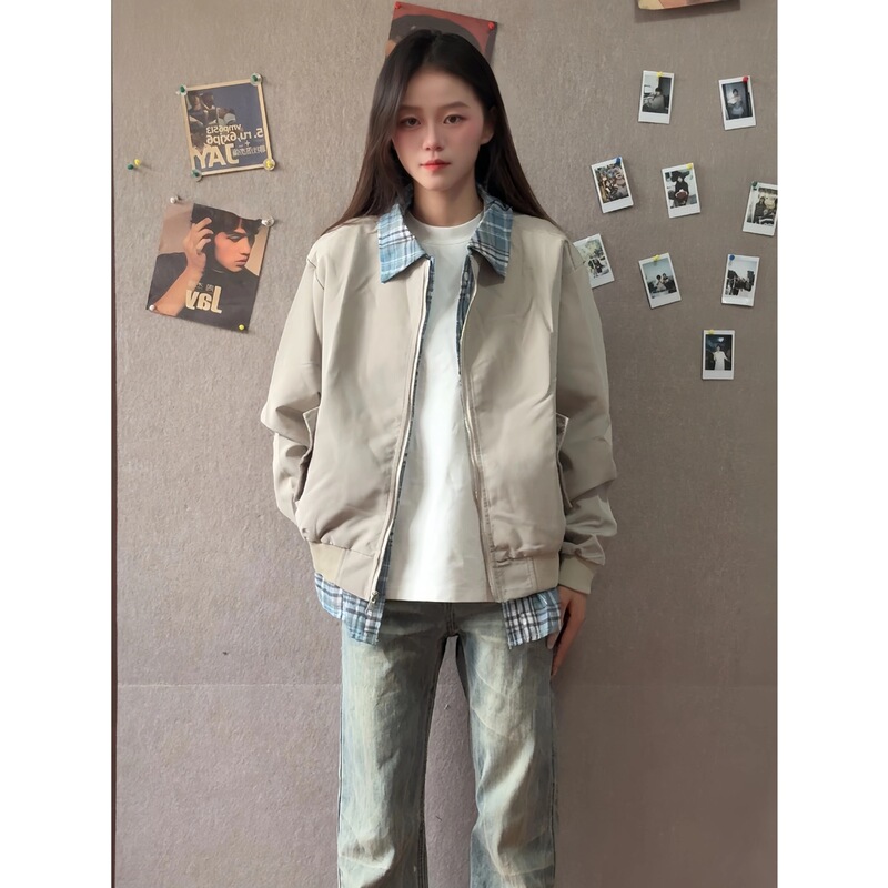 Lapel Women's American Retro Shirt Jacket Men's Flannel 1 Fake Two Black Beige