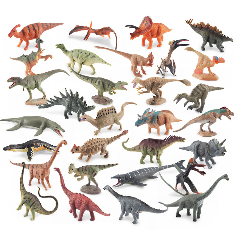 Modelos realistas de mini dinosaurios jurásicos transfronterizos: figuras de pterodáctilo, estegosaurio, parasaurolophus, velociraptor, therizinosaurus, ornithoraptor.