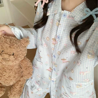 荷叶边少女甜美爱心风长袖睡衣女春秋季纯棉双层纱条纹卡通家居服